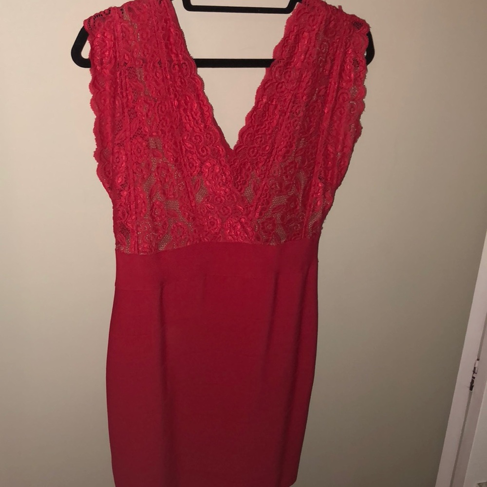 Red Lace Bebe Body Con Dress